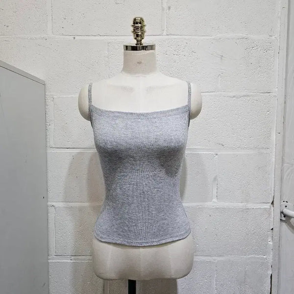 [BUNJANG] Ribbed Cropped Tank Top - Grey / 앞뒤 일자 크롭 골지 끈나시- 그레이