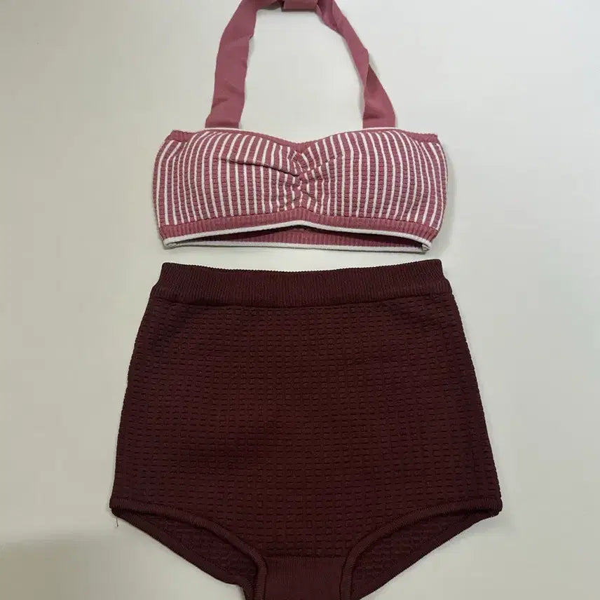 [BUNJANG] Pink Stripe High-Waist Knit Bikini / (새상품) 핑크 스트라이프 하이웨스트 니트 비키니
