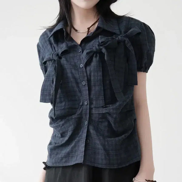 [BUNJANG] Binary One Ribbon Check Short Sleeve Shirt / 바이너리원 리본 체크남방 반팔