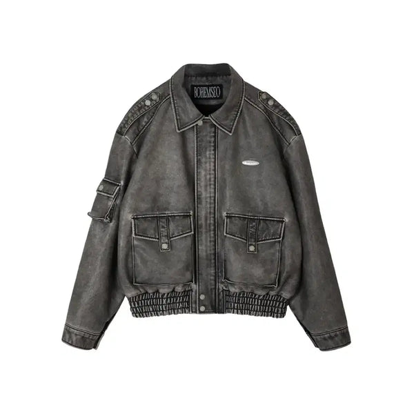 [BUNJANG] Bohemian Seoul Leather Bomber Jumper Washed Grey / 보헤미안서울 레더 봄버 점퍼 워시드그레이(2 size)