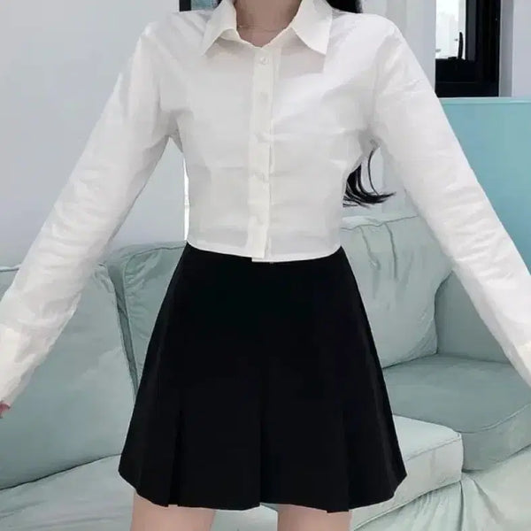 [BUNJANG] Avely White Cropped Banding Long Sleeve Shirt / 에이블리 화이트 크롭 밴딩 긴팔셔츠