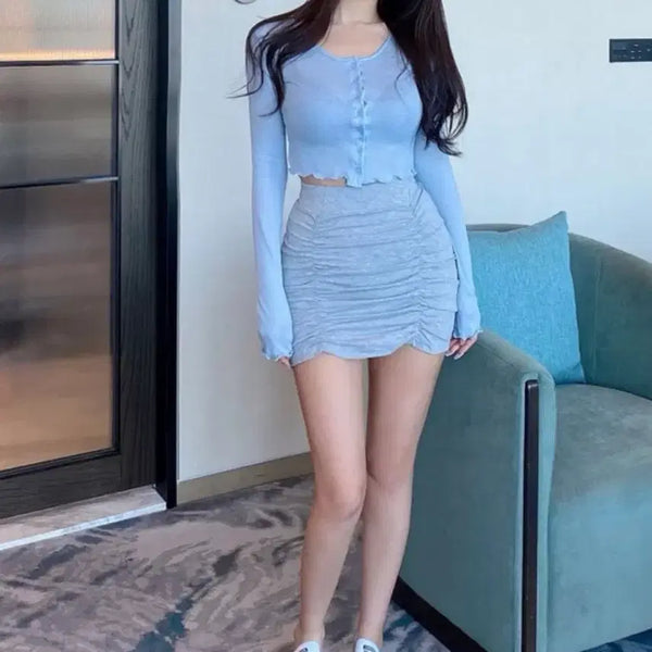 [BUNJANG] Hipnatic Cropped Shirring Two-Piece Set Shirring Skirt / 히프나틱 크롭 셔링 투피스 셔링스커트