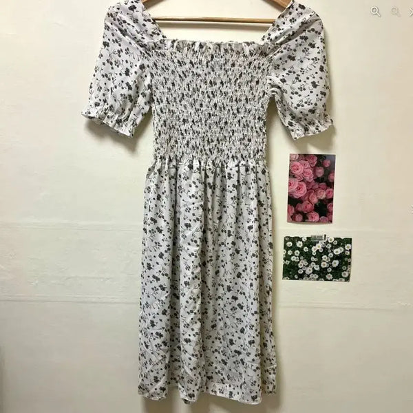 [BUNJANG] Flower Pattern Square Neck Puff Sleeve Mini Dress / 플라워 패턴 스퀘어넥 퍼프 소매 미니원피스