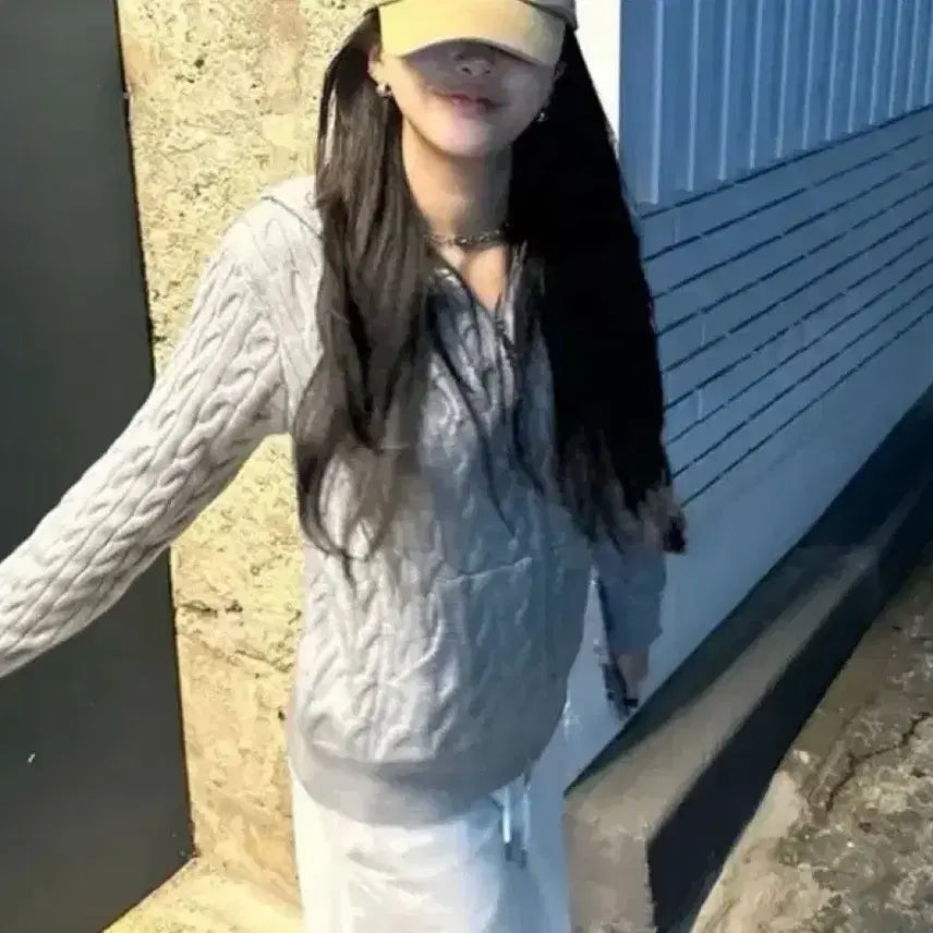 [BUNJANG] Gray Cable Knit Hoodie Zip-Up / 회색 후드집업