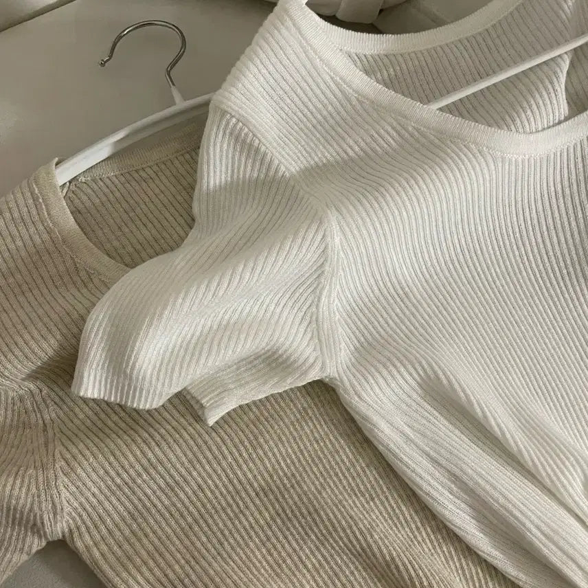[BUNJANG] Summer U-Neck Wool Short Sleeve Knit (Ivory/Oatmeal) / 새상품) 썸머 유넥 울 반팔 니트 아이보리, 오트밀 2개합