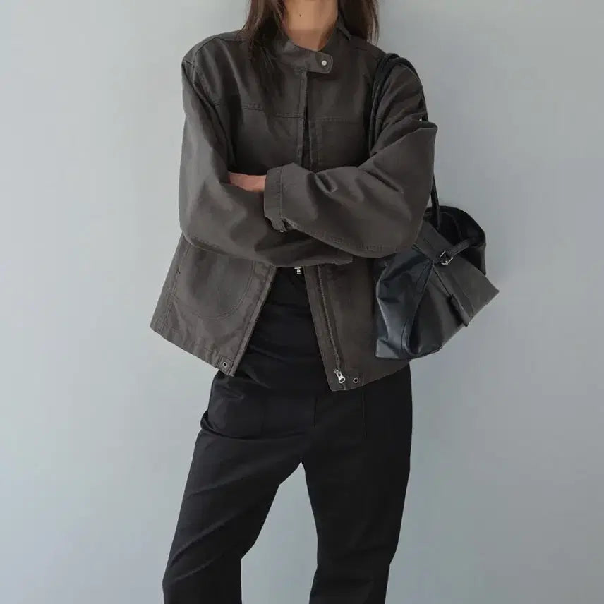 [BUNJANG] LOW CLASSIC Washed Cotton Biker Jacket Charcoal / 로우클래식 워시드 코튼 바이커 자켓 차콜