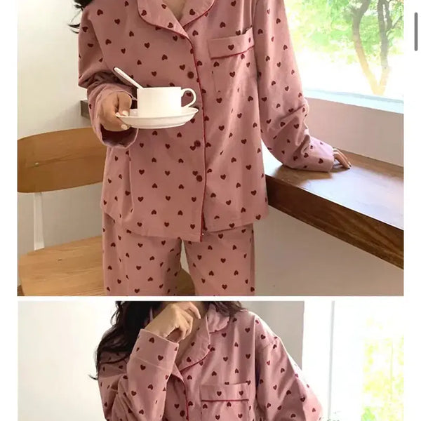 [BUNJANG] Heart Pattern Pajama Set Pink / 하트 패턴 여성 파자마 세트 핑크