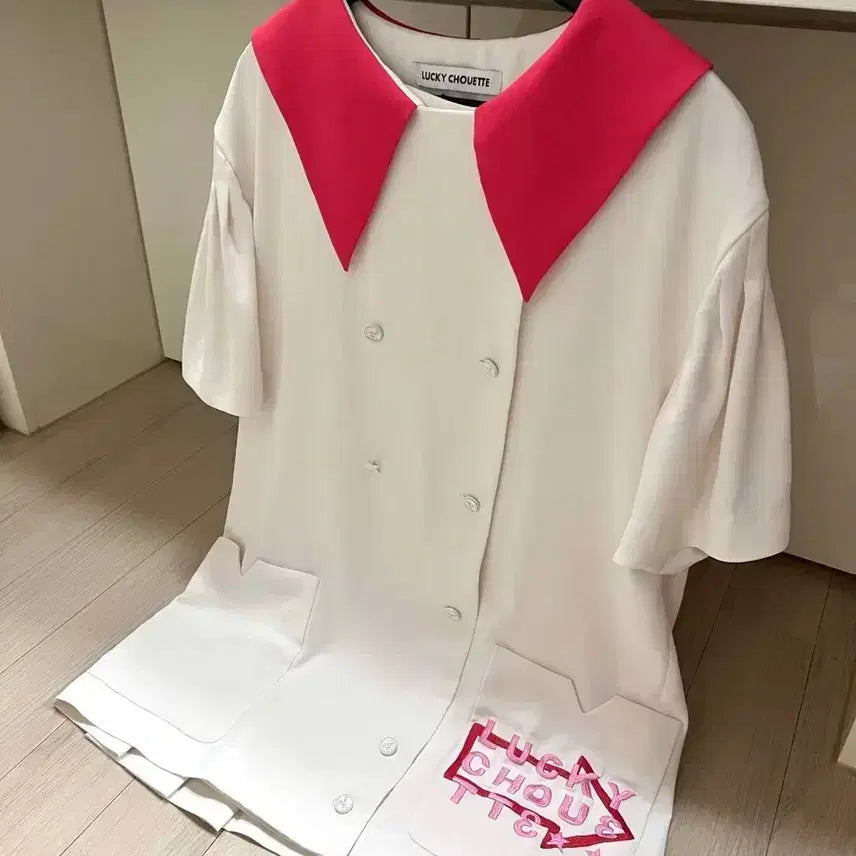 [BUNJANG] LUCKY CHOUETTE Sailor Collar Mini Dress / Short Jacket / 럭키슈에뜨 빅카라 세일러 백플리츠 배색 미니원피스 겸 반팔자켓 퍼프소매