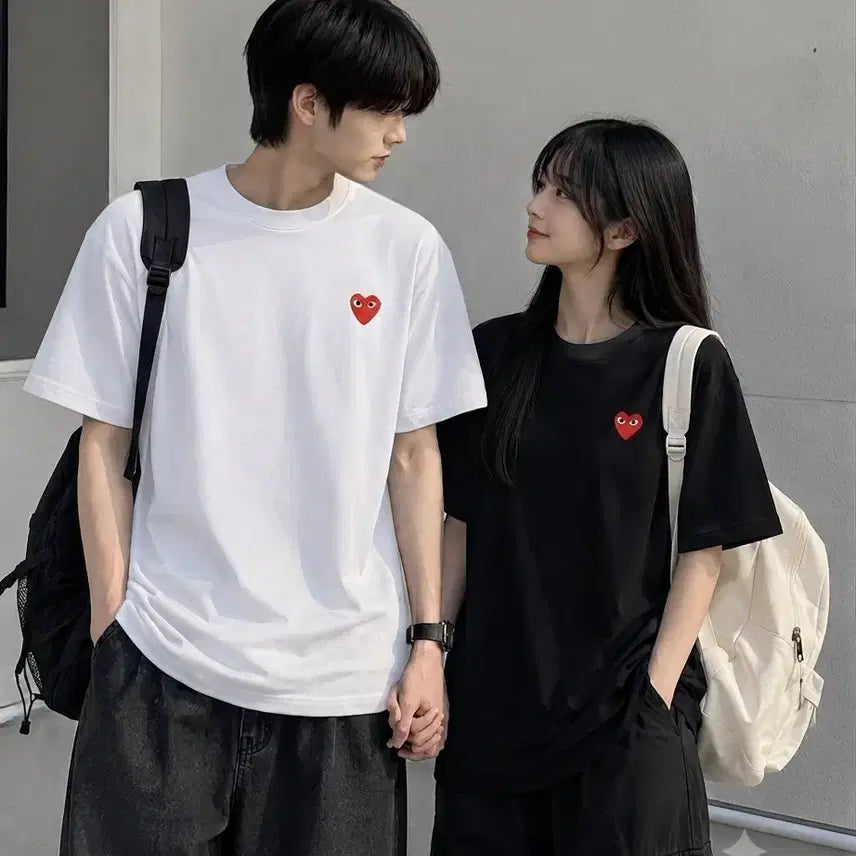 [BUNJANG] Comme des Garçons Red Heart & Black Heart Patch Short Sleeve T-Shirt / 꼼데가르송 레드와팬/ 블랙 와팬 반팔티셔츠