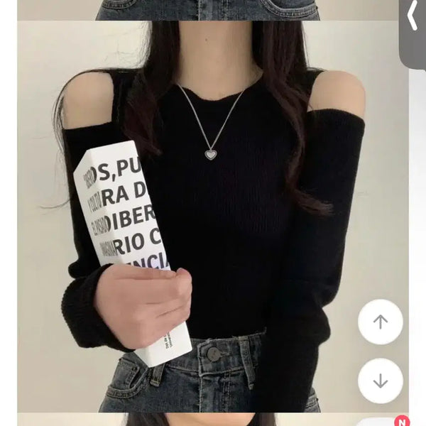 [BUNJANG] Abluy Shoulder Cutout Ribbed Long Sleeve Top / 에이블리 어깨 트임 골지 긴팔티