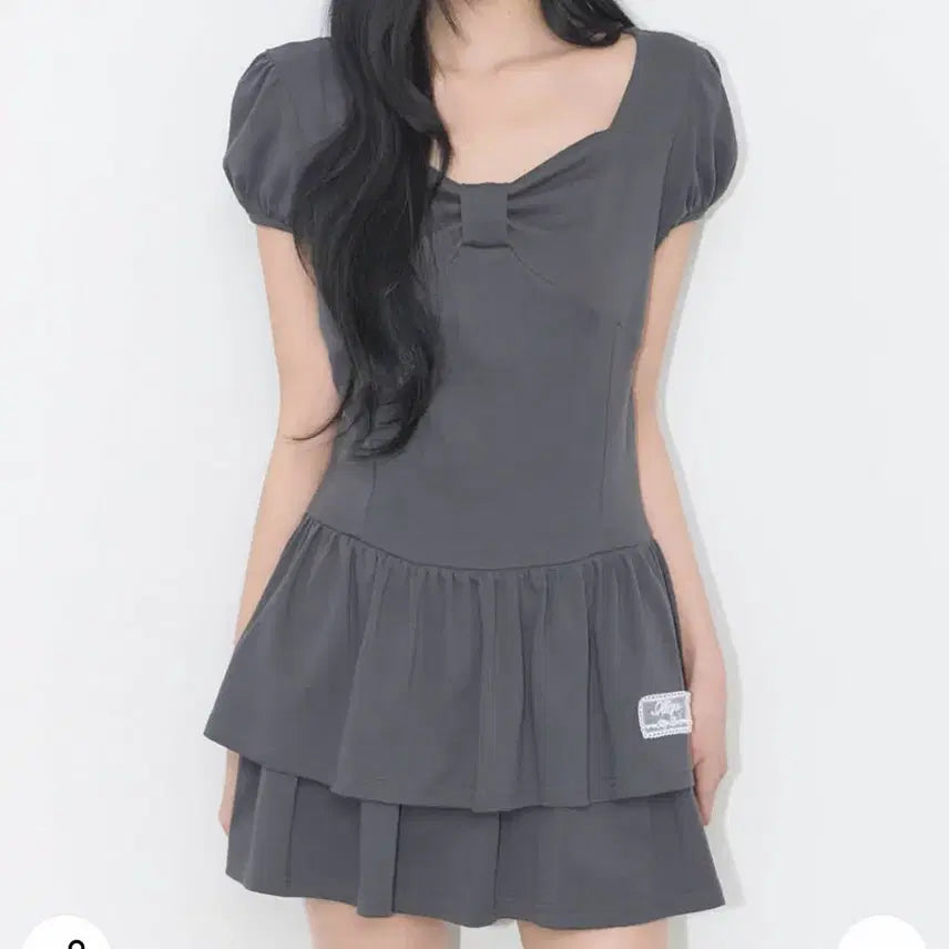 [BUNJANG] Illygo Bow Flare Mini Dress Charcoal Gray / 일리고 보우 플레어 미니 원피스 차콜 그레이 리본 스퀘어넥