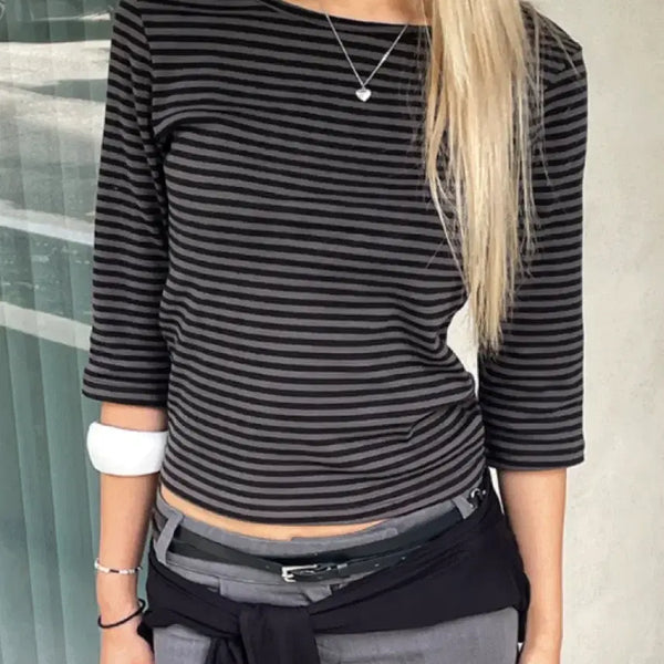 [BUNJANG] Black Up Standard Boat Neck 7-Sleeve Stripe Charcoal T-Shirt / 블랙업 스탠다드 보트넥 7부 스트라이프차콜