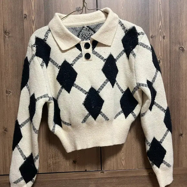 [BUNJANG] Checkered Cropped Knit Top / 새상품 체크 크롭 니트