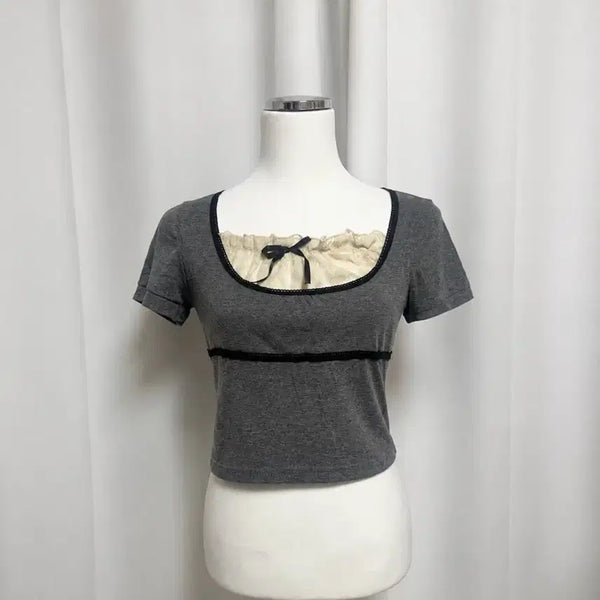 [BUNJANG] Gray Frill Ribbon Short Sleeve Top / 그레이 프릴 리본 탑