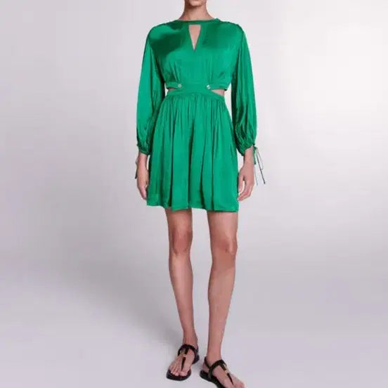 [BUNJANG] Maje Green Cut-Out Satin Mini Dress / 마쥬 그린 컷아웃 새틴 미니 원피스