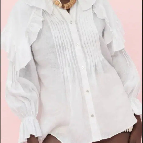[BUNJANG] ZARA 100% Linen Frill Blouse White XS / ZARA 자라 린넨 100% 프릴 블라우스 화이트 XS