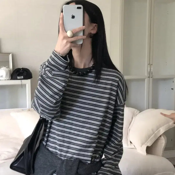 [BUNJANG] Le Butter Hazel Cotton Stripe Long Sleeve T-Shirt / 르버터 헤이즐 라운드 티셔츠 코튼 스트라이프 단가라 줄무늬 긴팔