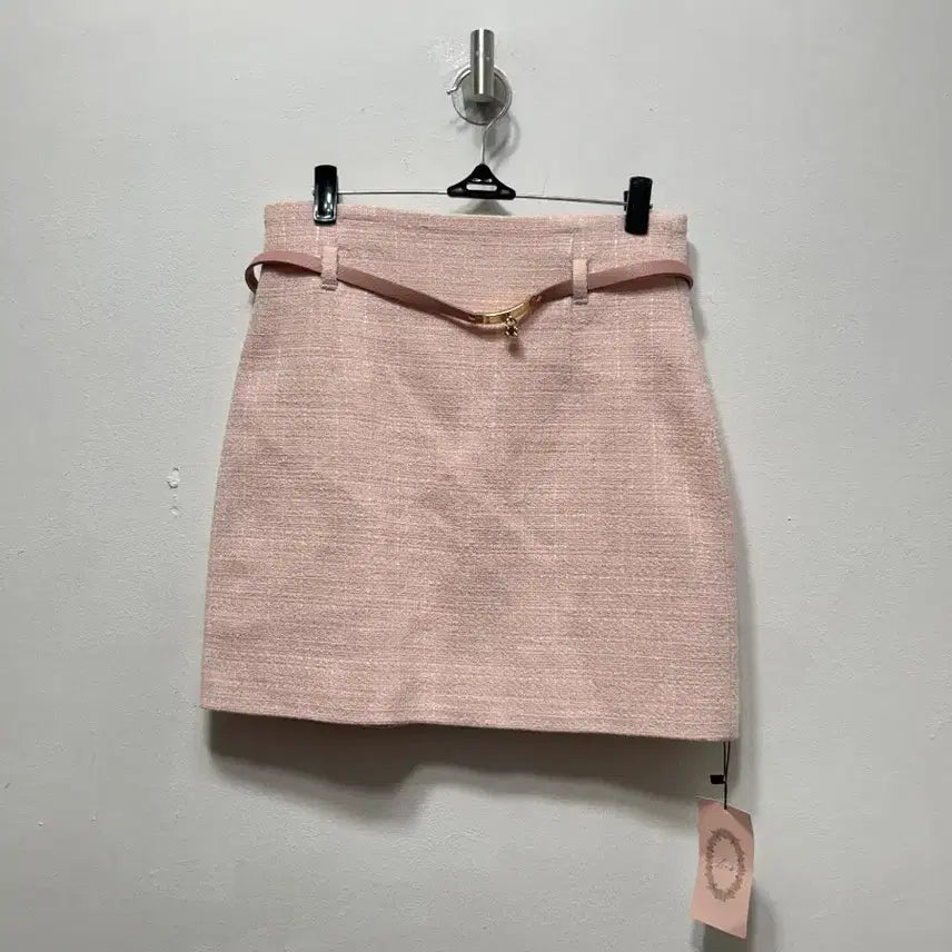 [BUNJANG] Tweed Mini Skirt with Belt - Pink / 트위드 미니스커트 핑크색 벨트 포함 S 실측
