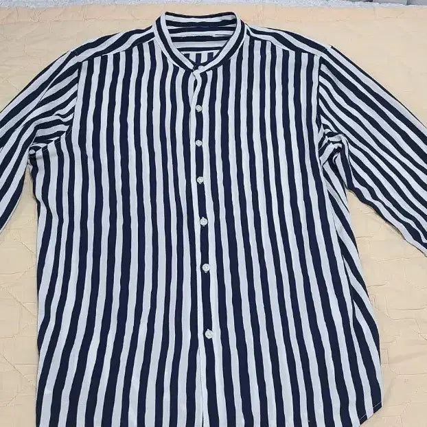 [BUNJANG] Ziozia Navy Stripe Mandarin Collar Lightweight Shirt / 지오지아  네이비 스트라이프 차이나카라 얇은 셔츠