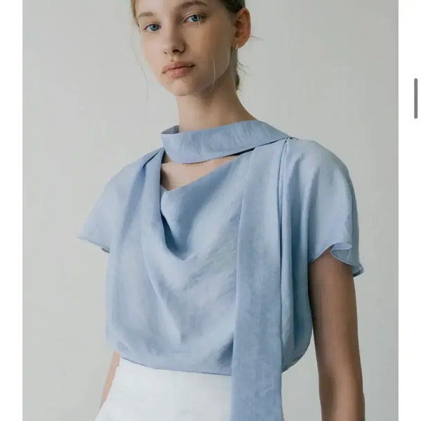 [BUNJANG] Our Cosmos Scarf Blouse Sky Blue / 아워코모스 스카프 블라우스