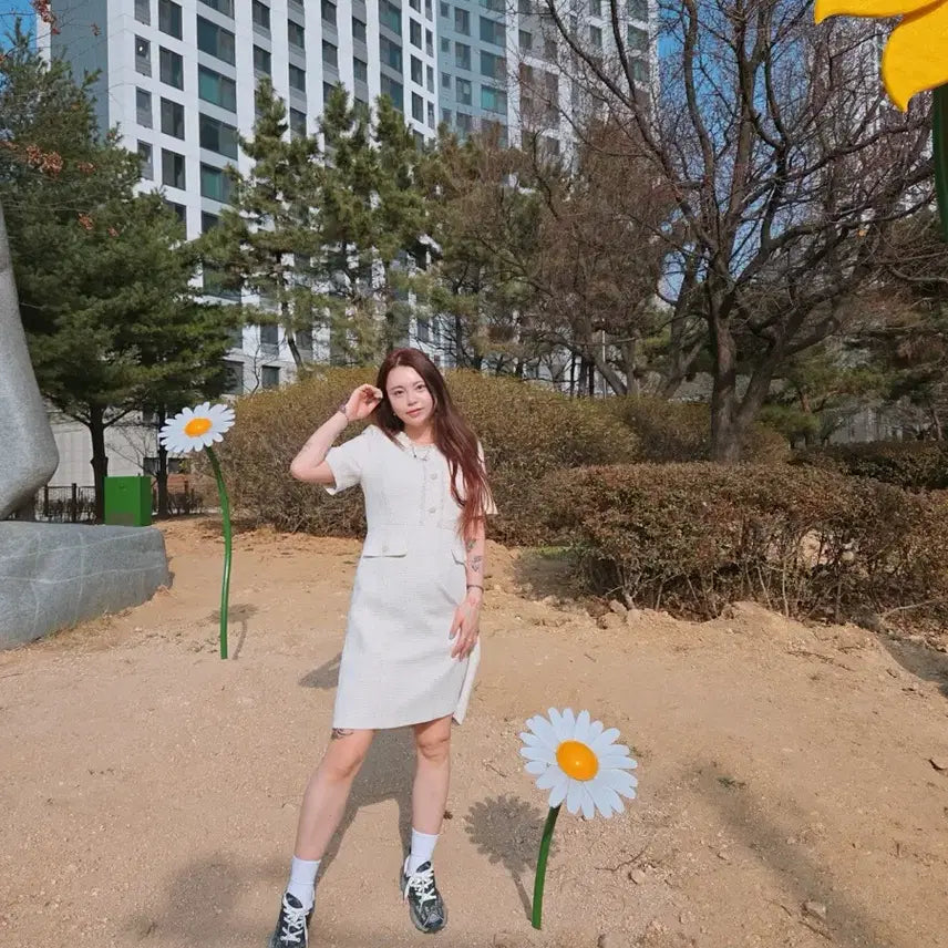 [BUNJANG] DEWL Ivory Tweed Short-Sleeve Dress / 듀엘(DEWL) 아이보리 트위드 반팔 원피스