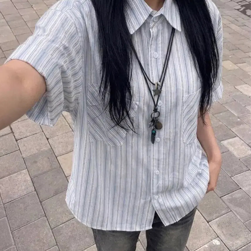 [BUNJANG] Stripe Seersucker Oversized Short-Sleeve Shirt / (교신가능)오버핏 시어서커 반팔 스트라이프 셔츠 에이블리