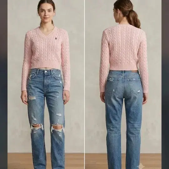 [BUNJANG] Polo Ralph Lauren Cable Knit Cropped Sweater Pink / 폴로 랄프로렌 케이블 니트 핑크 55-66