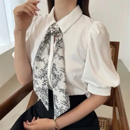 [BUNJANG] Nice Club Ribbon Scarf Puff Sleeve Blouse Set - White / 나이스클럽 리본 스카프 퍼프 소매 블라우스 세트 화이트