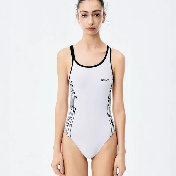 [BUNJANG] Noito Music Note Starback White Swimsuit (Size S) / 노이토 뮤직 노트 스타백 화이트 수영복