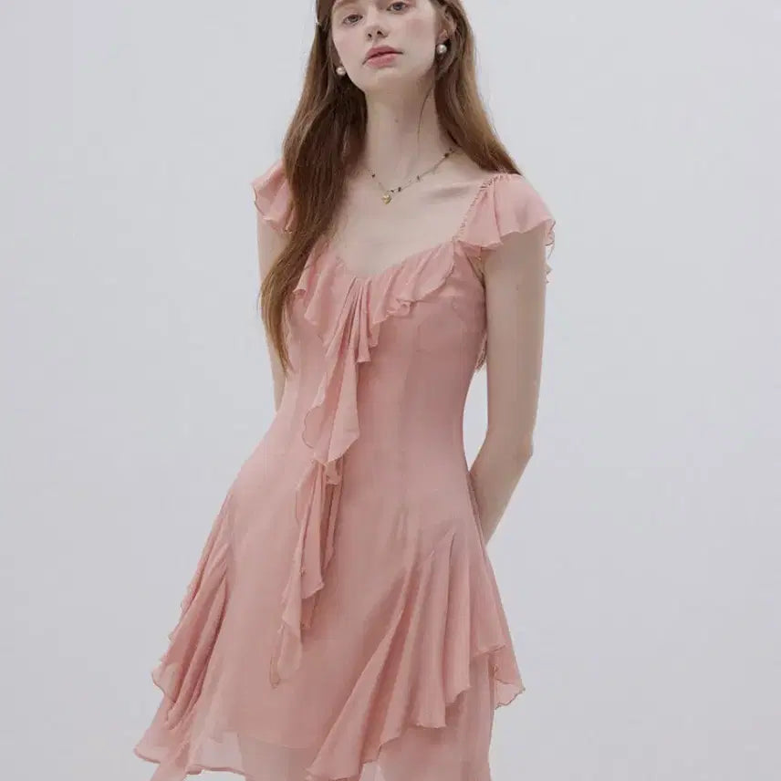 [BUNJANG] Sins Ten Coral Pink Ruffle Mini Dress (Like New) / 신스텐 코랄핑크 러플 미니원피스(새상품급)