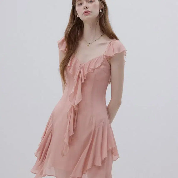 [BUNJANG] Sins Ten Coral Pink Ruffle Mini Dress (Like New) / 신스텐 코랄핑크 러플 미니원피스(새상품급)