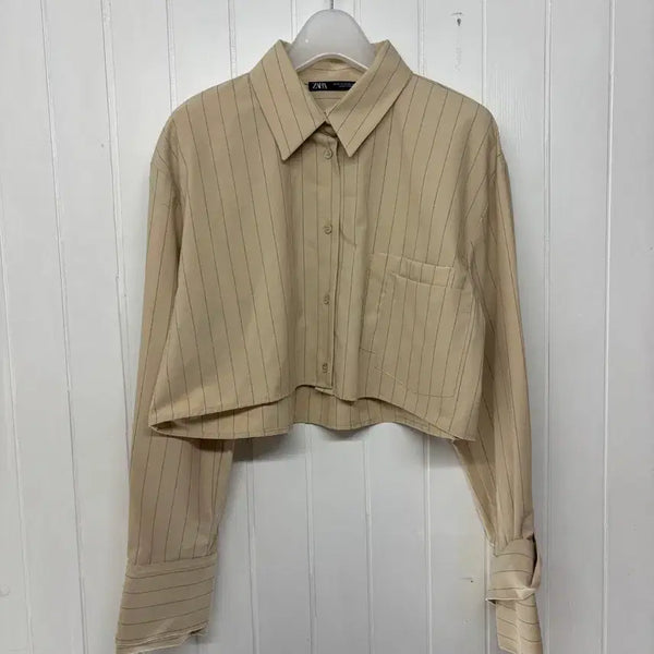 [BUNJANG] Zara Semi-Crop Striped Shirt Beige Women's M / 자라 세미크롭 베이지 셔츠 여성M ㅡ0701