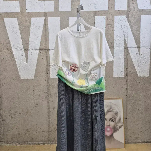 [BUNJANG] Embroidered Quilted Cotton T-Shirt / 꽃자수 퀄트 면티셔츠(TS