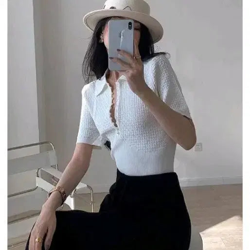 [BUNJANG] Pearl Button Knit Polo Shirt (White) / 진주 단추 니트 카라티 (화이트)