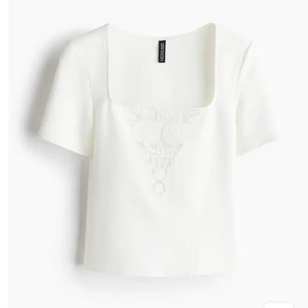 [BUNJANG] H&M White Lace Square Neck Short Sleeve T-Shirt / H&M 화이트 레이스 스퀘어넥 반팔 새상품