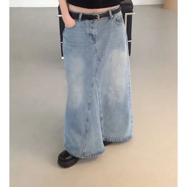 [BUNJANG] Denim Washing Long Skirt Light Blue Size S / 데님 워싱 롱스커트 연청 S