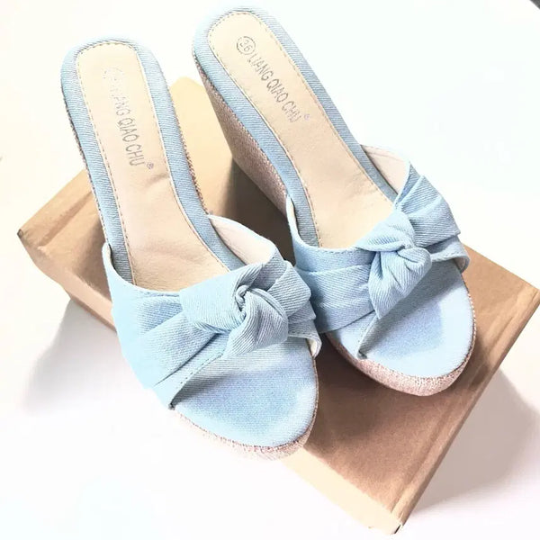 [BUNJANG] Summer Linen Platform High Heels - Sky Blue / (새상품) 여름 리넨 통굽 하이힐 01 하늘색
