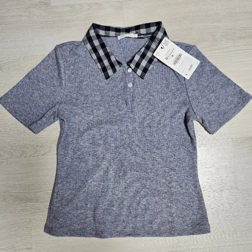 [BUNJANG] ZARA Checked Collar Cubic Button Detail Short Sleeve Knit (Size 55) / [새상품]자라 체크 카라 큐빅단추 포인트 반팔 니트_55size