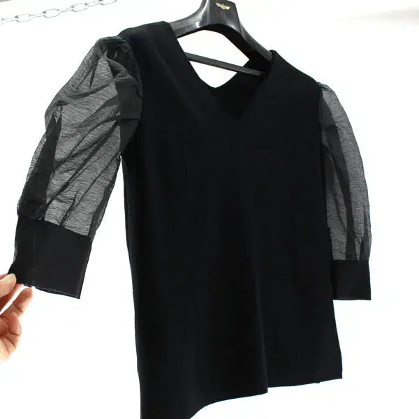[BUNJANG] SYSTEM Hanseom Women's Half Sleeve Knit T-Shirt (Black) / 시스템 한섬 B4046 여성90 반팔 니트 티셔츠 구스몰