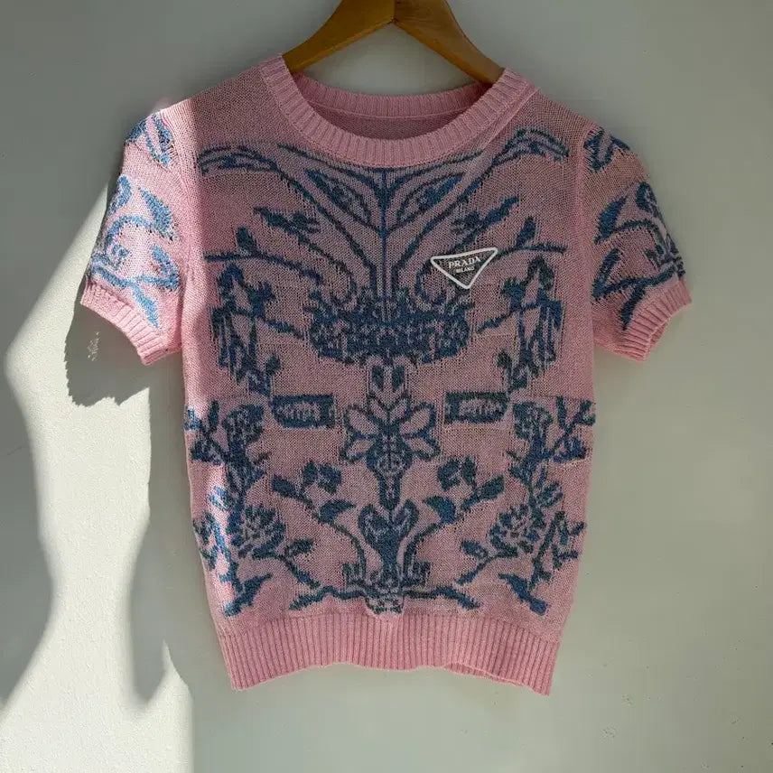[BUNJANG] Prada Pink Blue Pattern Short Sleeve Knit / 프라다 핑크 블루 패턴 반팔 니트