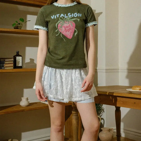 [BUNJANG] Vital Sign Strawberry Lace T-Shirt (Green) / [바이탈싸인] - 스토로베리 레이스 티셔츠 (Green)