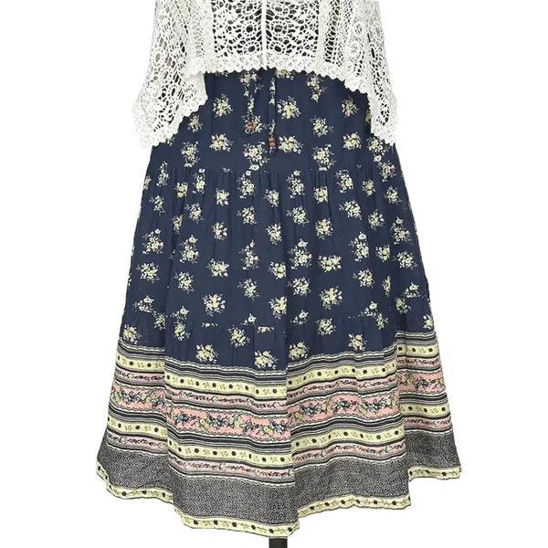 [BUNJANG] Vintage Linen Blend Ethnic Long Skirt Navy / 일본빈티지 린넨면 패턴컬러믹스밴드롱스커트치마네이비모리걸갸루y2k히피에스닉