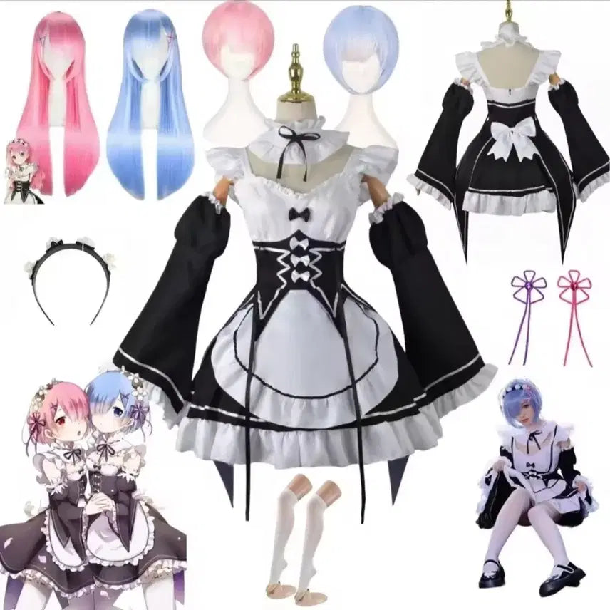 [BUNJANG] Re:Zero Ram & Rem Cosplay Costume + Wig Set / (현물)리제로 렘&람 코스프레 의상+가발