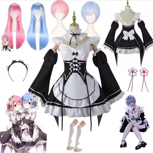 [BUNJANG] Re:Zero Ram & Rem Cosplay Costume + Wig Set / (현물)리제로 렘&람 코스프레 의상+가발