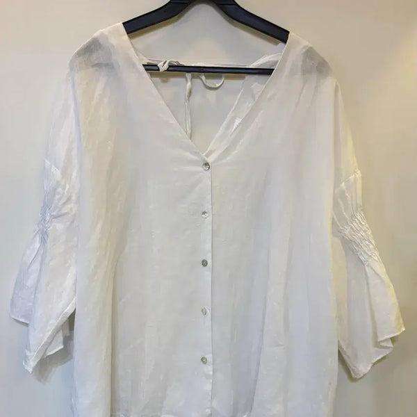 [BUNJANG] SOL White Linen V-Neck Blouse / 솔 블라우스 화이트 린넨 F
