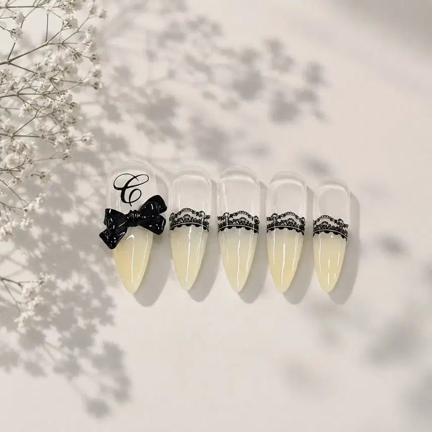 [BUNJANG] Handmade Black Lace French Tip Nail Set / 수제 네일팁