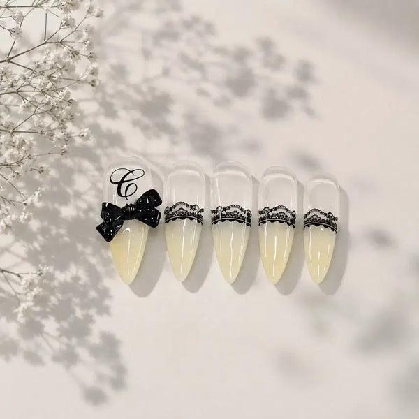 [BUNJANG] Handmade Black Lace French Tip Nail Set / 수제 네일팁