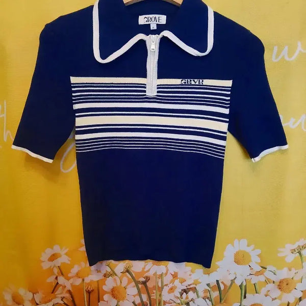 [BUNJANG] Grove Navy Stripe Short Sleeve Knit / F]그로브 네이비 스트라이프 반팔 니트