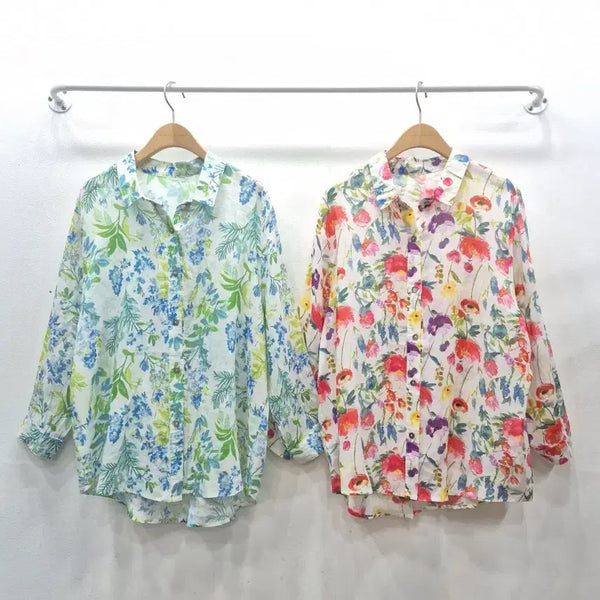 [BUNJANG] Linen Blend 8-Sleeve Summer Blouse - Floral Print / 린넨 마 나염 8부 여름 남방