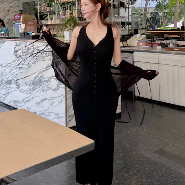 [BUNJANG] Kinda Me Button Slim Knit Dress Black / 카인다미 버튼 슬림 니트 원피스 블랙